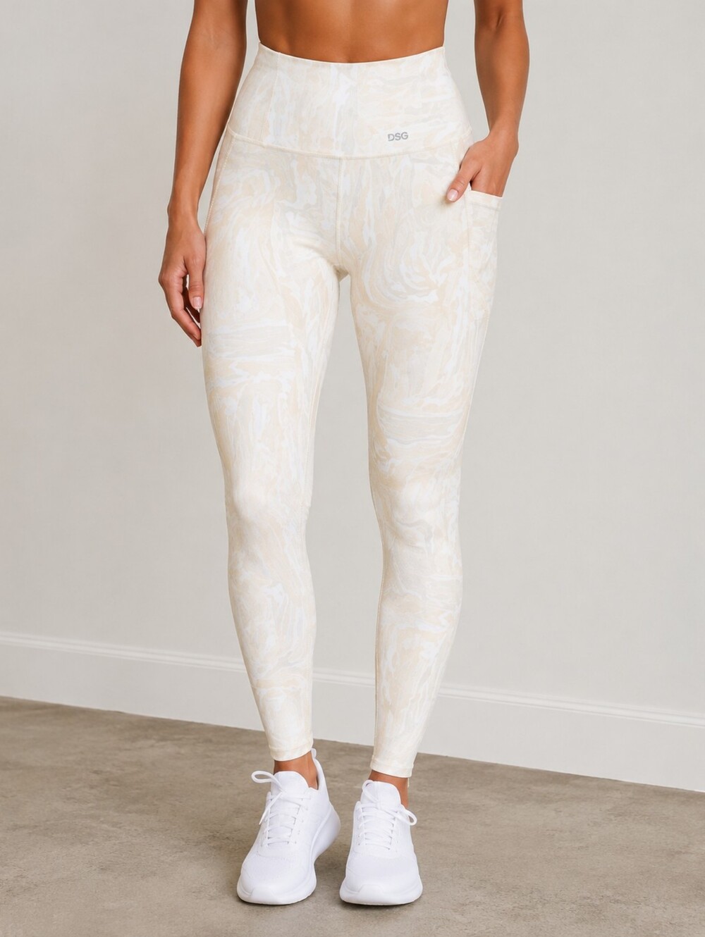 DSG High Rise Leggings Women’s Medium Beige Marble Yoga Gym Pocket Stretch